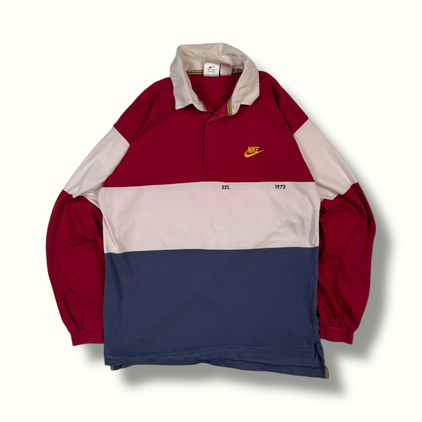 Vintage 80s Nike rugby polo shirt colour block pattern rare red, blue and white