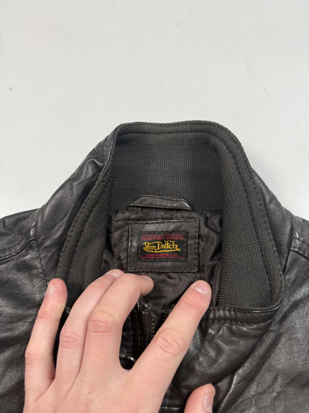Vintage Y2K Von Dutch real leather bomber jacket (L)