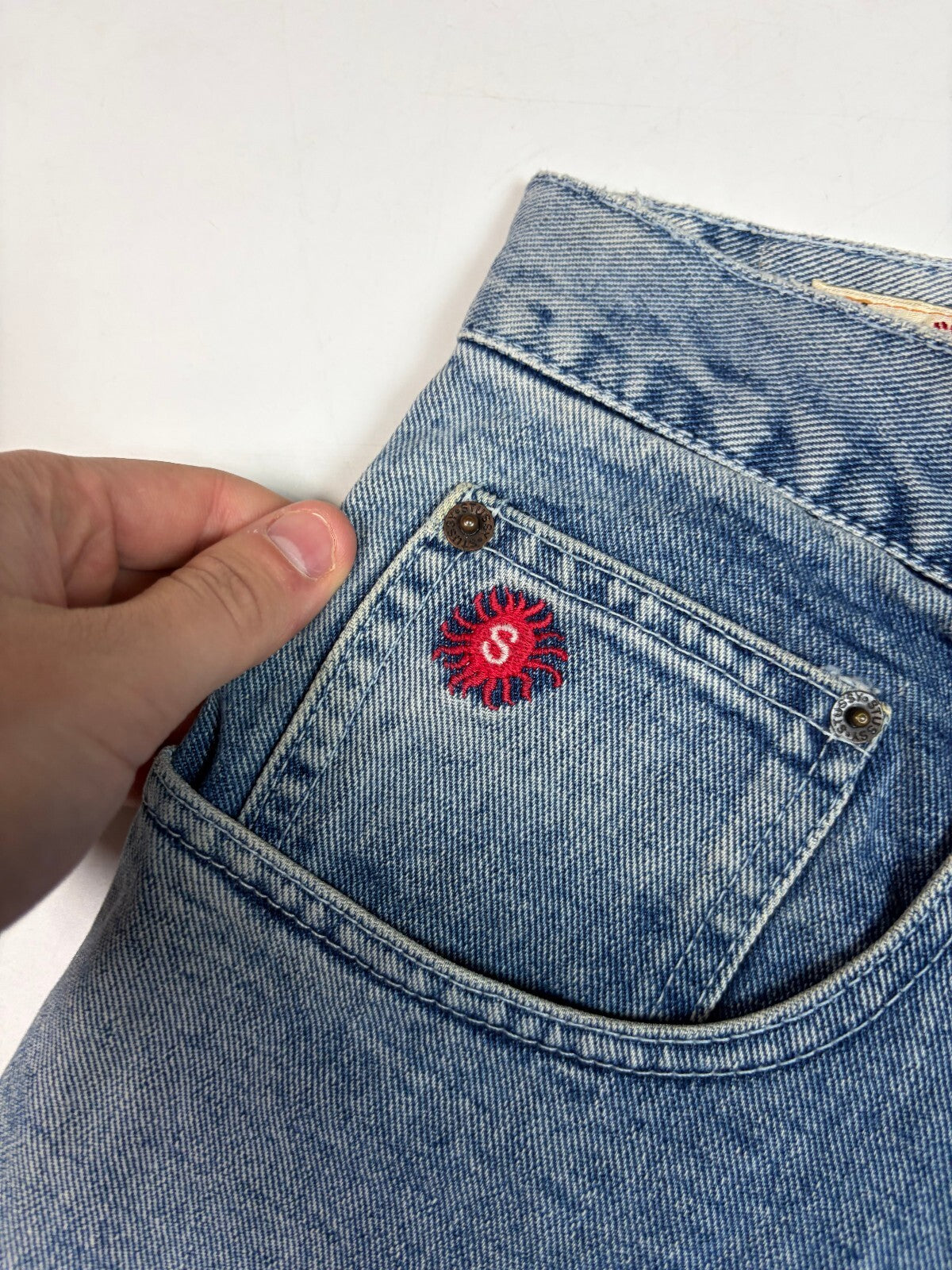Stussy Big Ol red baggy denim jeans (W28)